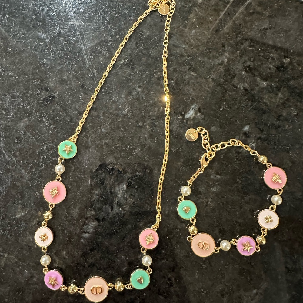 Gold Necklace & Bracelet with Multicolor Charms